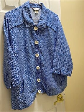 2X Linen Lightweight  Shirt Jacket 3/4 Sleeve button down Blue & White CJ Banks